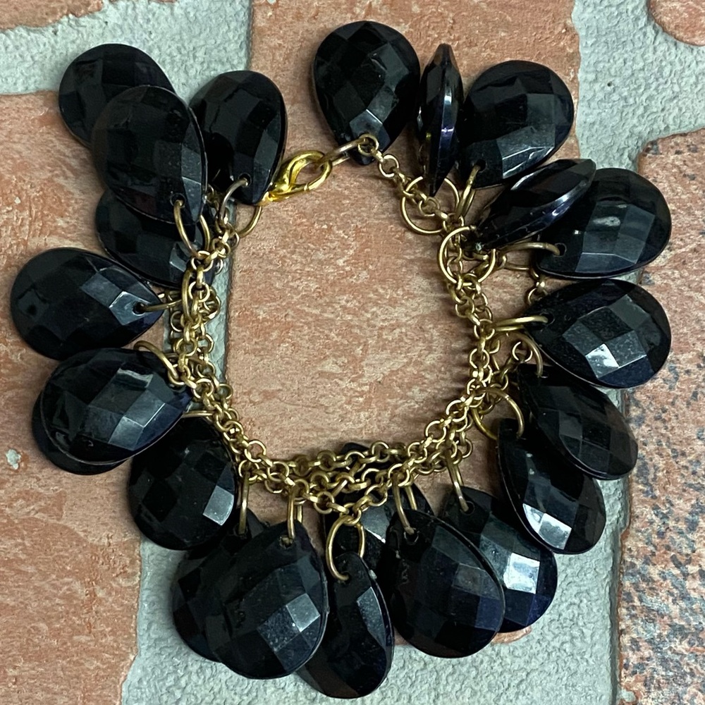 Fashion Black Dangle Beaded Bracelet On Gold Toned Chains Lobster Claw C…